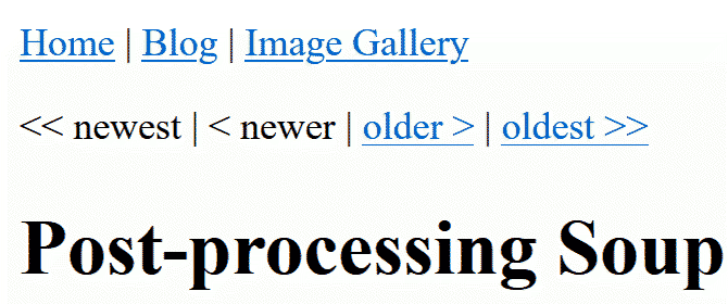 The newest, newer, older, oldest chronological post navigation links on this very page at the time of writing (without styling).